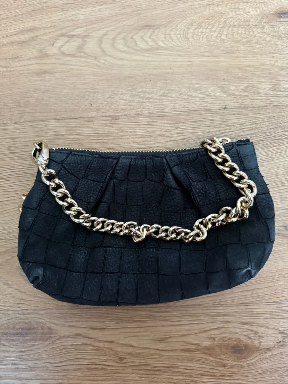 Henri Bendel Black Leather & Gold Classic Clutch with Purple Lining Small